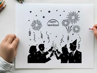 Silhouette of people celebrating happy new year with fireworks and champagne