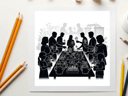 Silhouette of people gathered around a large table with food and drinks silhouette