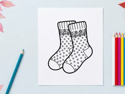 Pair of Christmas socks with polka dot and snowflake pattern line art illustration
