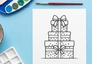 Stack of Christmas gift boxes with bows line art illustration for holiday coloring page