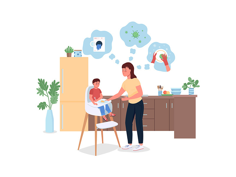 Stressed mother with baby in kitchen flat color vector detailed characters
