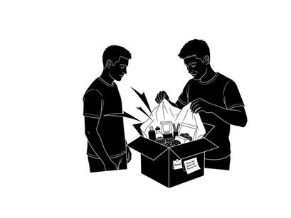Two men examining contents of a box silhouette