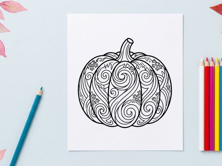 Decorative pumpkin coloring page for autumn and Halloween. Creative fall activity for kids and adults.