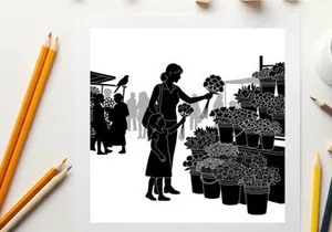 Silhouette of woman shopping for flowers at outdoor market