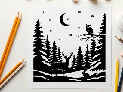 Silhouette of deer and owl in forest under crescent moon