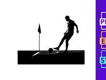 Silhouette of a soccer player kicking a ball near a corner flag on a field