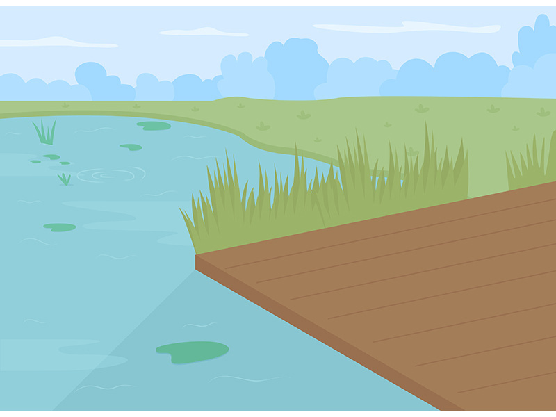 Pond with dock flat color vector illustration