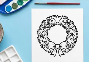 Christmas wreath line art illustration with star and bow for holiday coloring page design