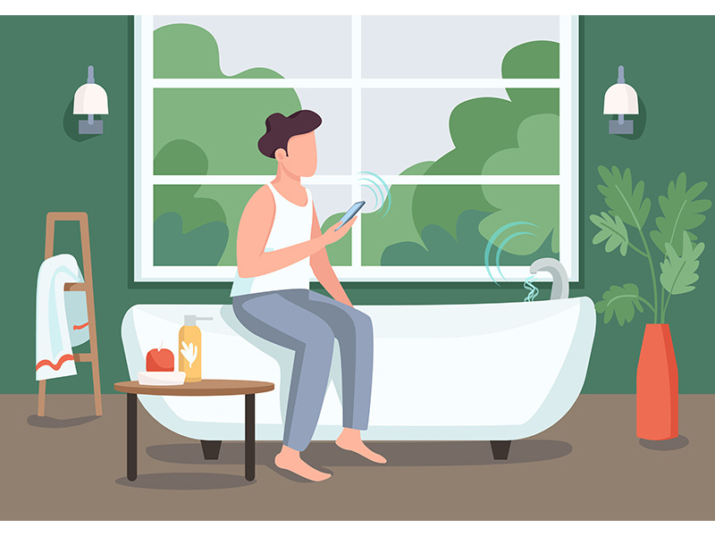 Guy in smart bathroom flat color vector illustration