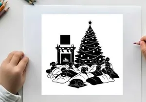 Christmas silhouette of children sleeping near tree and fireplace