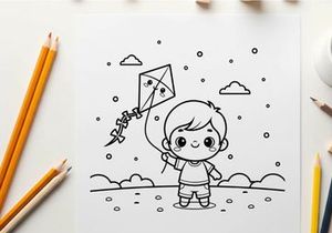 Cute child fishing with kite vector illustration flat design