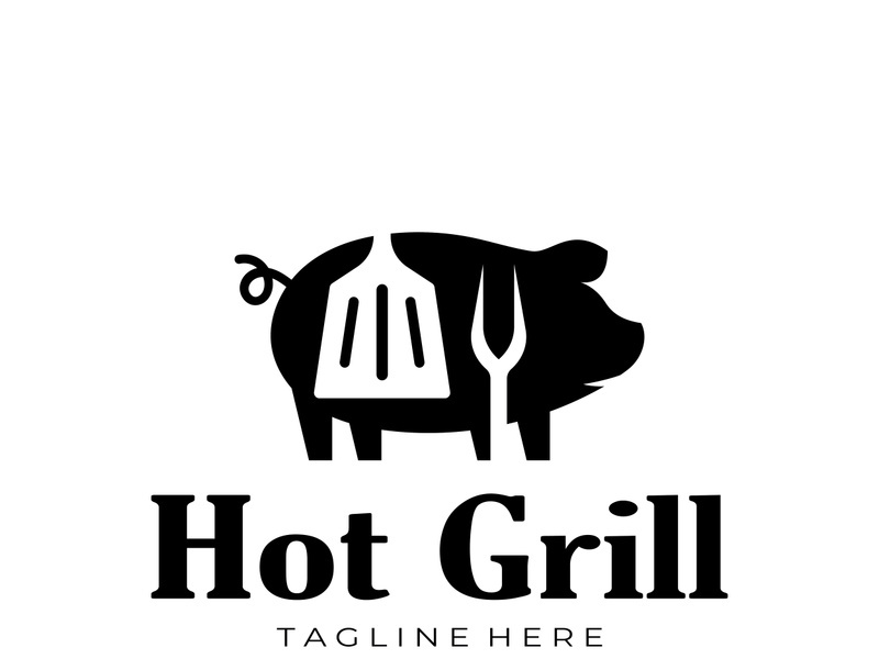 Simple Barbecue Vintage hot grill, with crossed flames and spatula. Logo for restaurant, badge, cafe and bar.vector