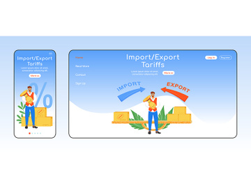 Import and export tariffs adaptive landing page flat color vector template preview picture
