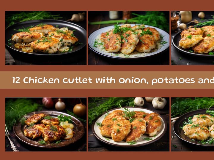 Chicken cutlet with onion, potatoes and herbs