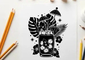 Tropical silhouette of a refreshing cocktail with umbrella and leaves