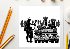 Silhouette of woman and child at a flower market stall