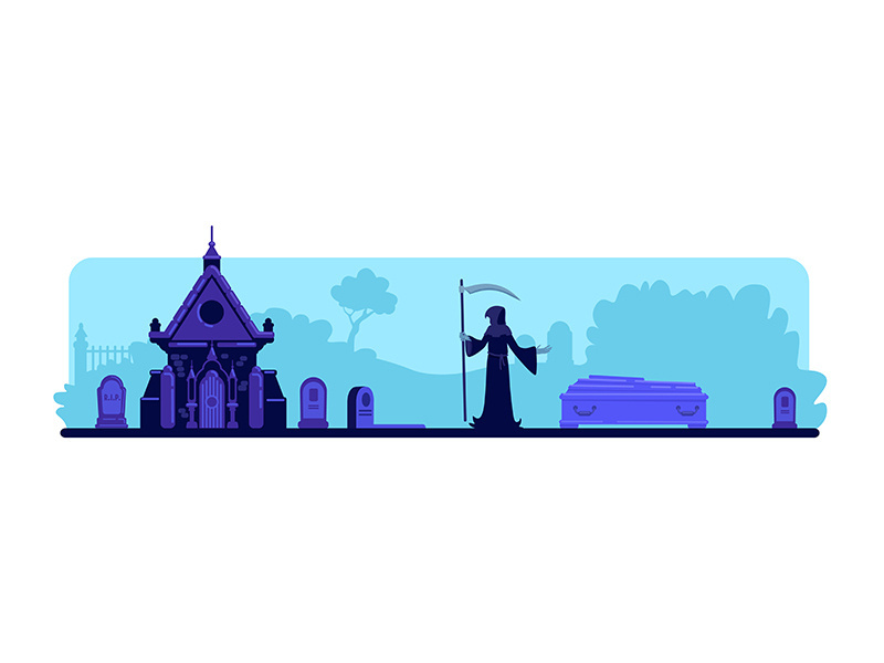 Grim reaper at cemetery flat color vector illustration