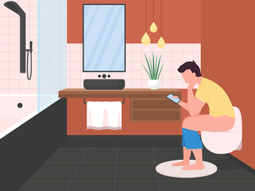Man on toilet with phone flat color vector illustration preview picture