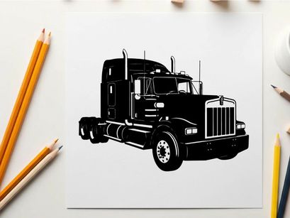 Silhouette of a large black semi truck with grill and wheels