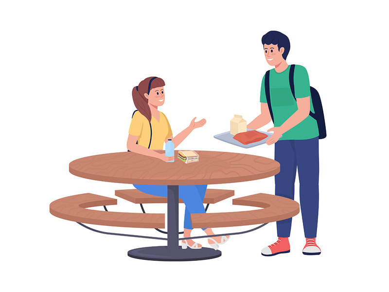 Students meeting for lunch semi flat color vector characters