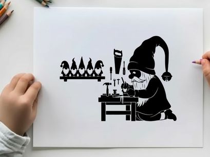 Silhouette of a gnome working at a workbench with penguins