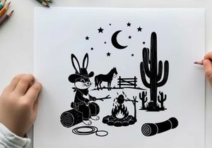 Western bunny silhouette under starry night sky with horse and cactus