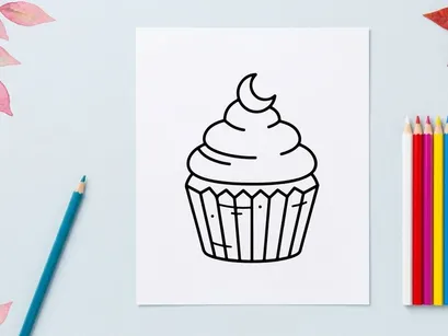 Hand-drawn cartoon cupcake with swirl frosting and crescent moon topping. Whimsical dessert illustration for baking, celebration, or sweet treat de...