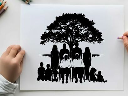 Family silhouette standing under a tree together outdoors