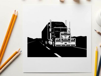 Silhouette of a semi truck driving on a highway at night