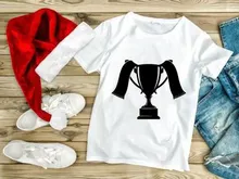 A black trophy icon with two long ribbons flowing from its handles on a white background