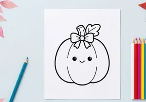Cute smiling pumpkin with a bow for Halloween celebration. Friendly autumn squash character with floral ribbon decoration for festive fall designs.