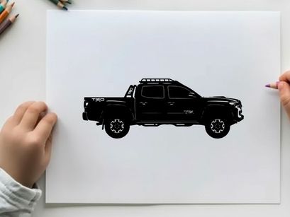 Silhouette of a black pickup truck with roof rack