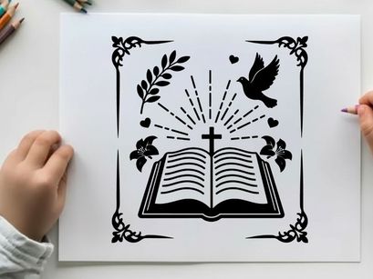 Silhouette of bible cross dove and leaves religious symbol