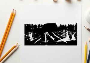 Silhouette of a car and crowd on a reflective surface