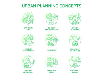 Urban planning green gradient concept icons set preview picture