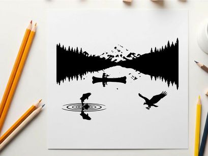 Serene silhouette landscape with eagle and mountain reflection