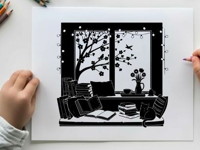 Cozy room interior with silhouette of tree and flowers by the window