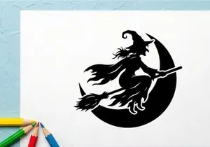 Witch Flying on Broomstick at Night with Full Moon