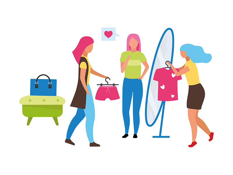 Female fashion sales assistant semi flat color vector characters
