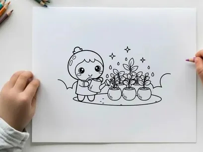 Cute robot watering plants flat design vector illustration