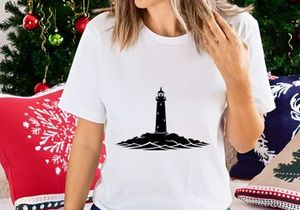 Classic Lighthouse on Rocky Shore with Waves Silhouette