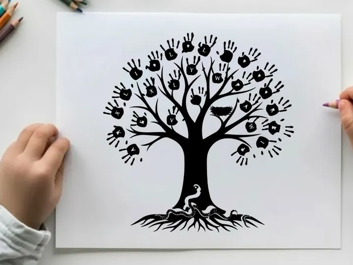 Silhouette of a tree with handprint leaves and a bird
