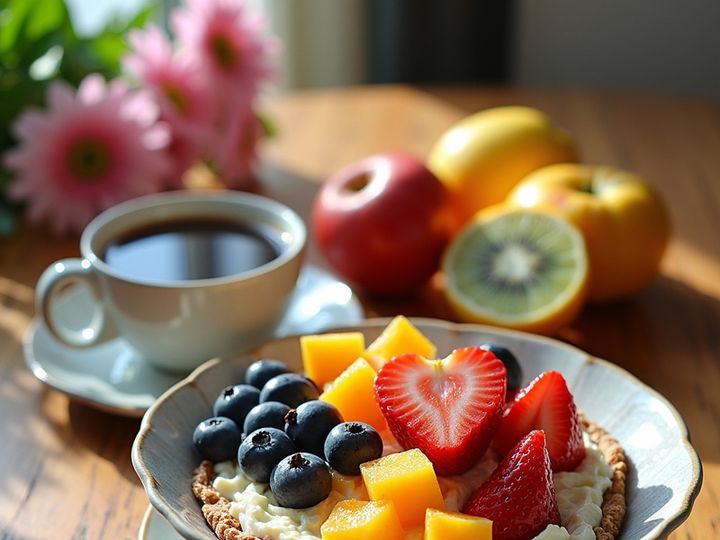 a healthy breakfast consisting of fruit bowl, coffee and flowers.
