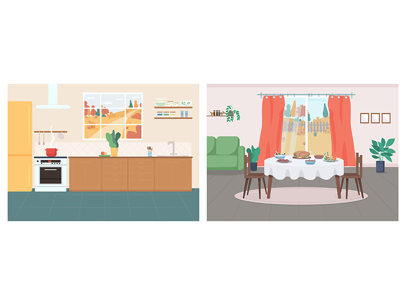 Cozy home flat color vector illustration set