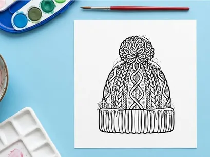 Topi rajutan musim dingin dengan pompom dan kepingan salju, ilustrasi seni garis hitam putih.