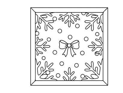 Christmas coloring page with snowflakes and a bow in a square frame
