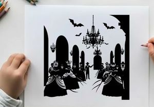 Silhouette of people in a hall with bats and chandelier