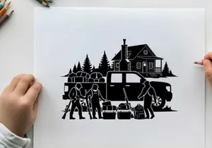 Silhouette of men loading gear into a pickup truck in front of a house