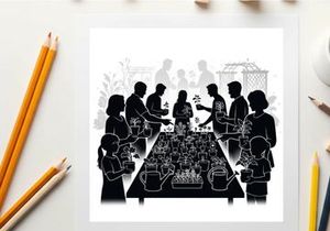 Silhouette of people gathered around a large table with food and drinks silhouette
