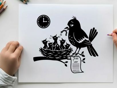 Silhouette of bird feeding nest with kittens and clock